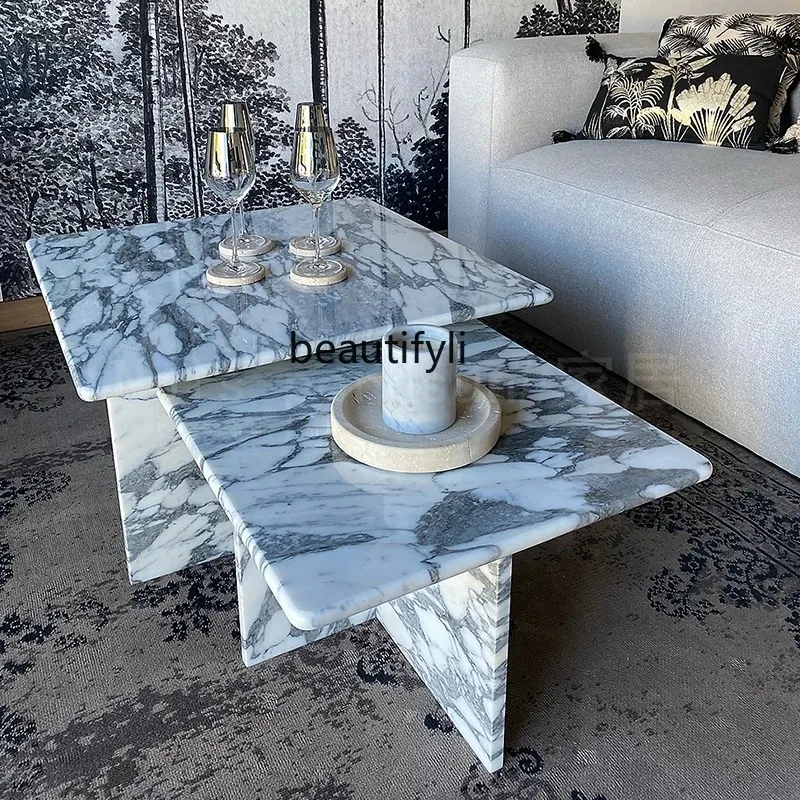 

Nordic minimalist natural white marble coffee table, creative living room sofa square, coffee table