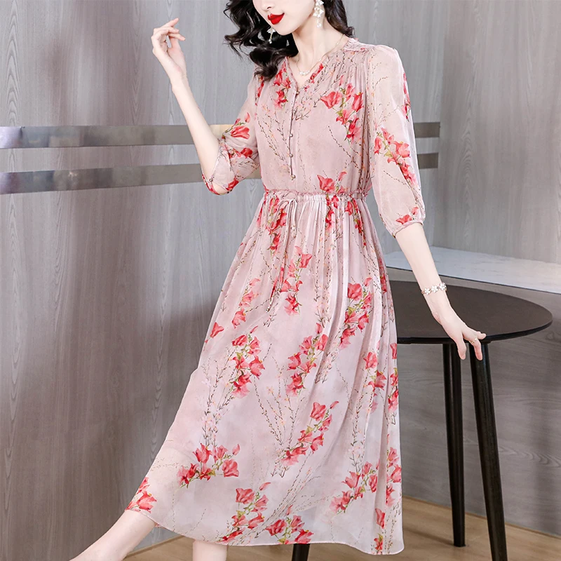 

2024 Summer New Luxury Silk Floral Print Casual Midi Dress Women's Vintage Elegant Chic Dress Holiday Boho Beach Evening Dresses