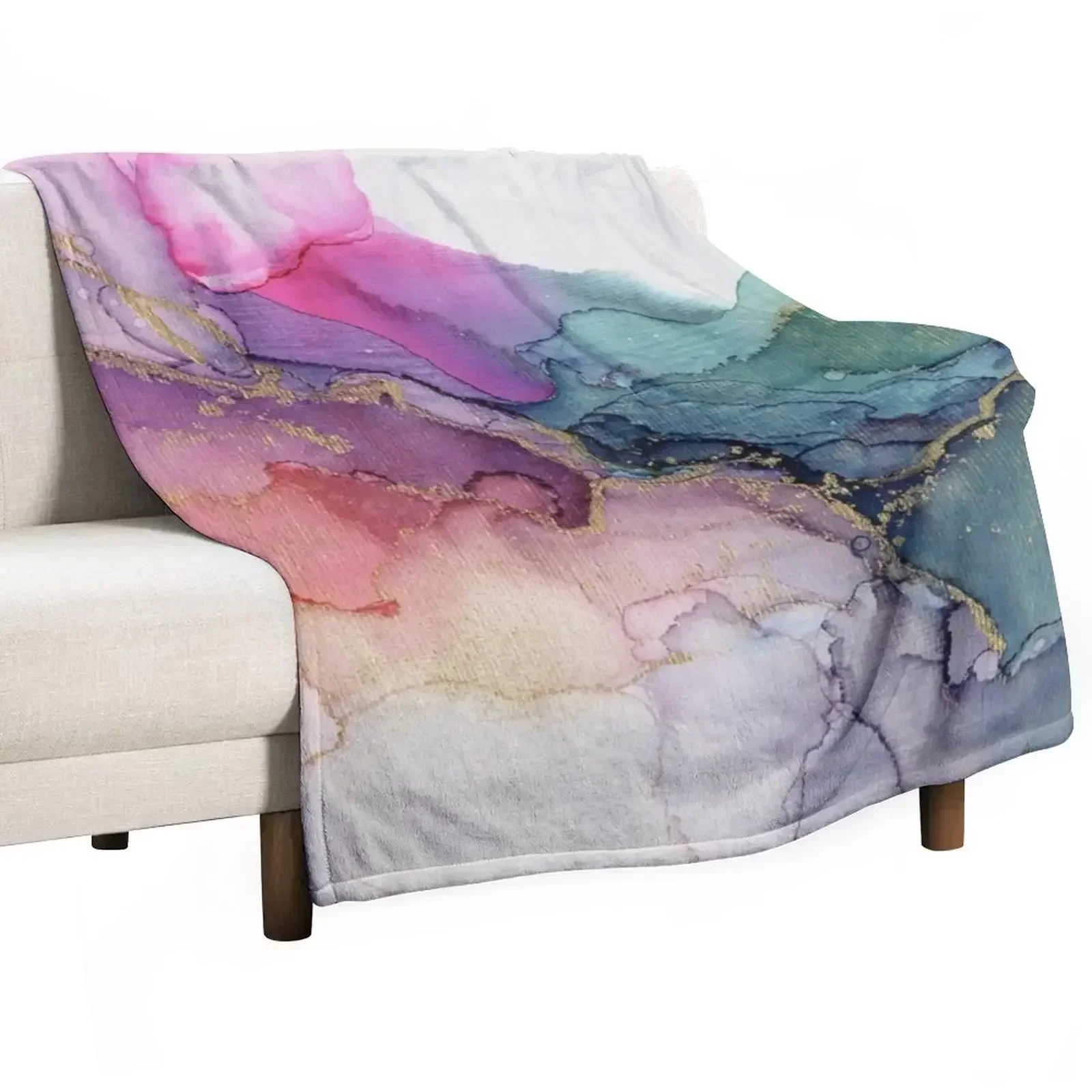 

Abstract Coral Turquoise Gold Ink Painting on Canvas Throw Blanket Loose Plaid Plush Soft Beds Blankets