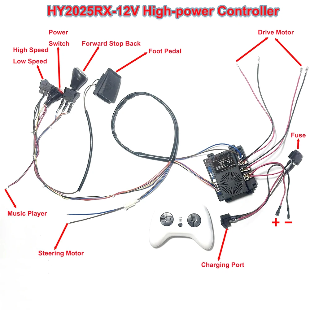 Electric Toy Car 12V Wiring Harness Kit Compatible with Two 550 or 570 Motors Includes Remote Receiver Foot Switch and Protector