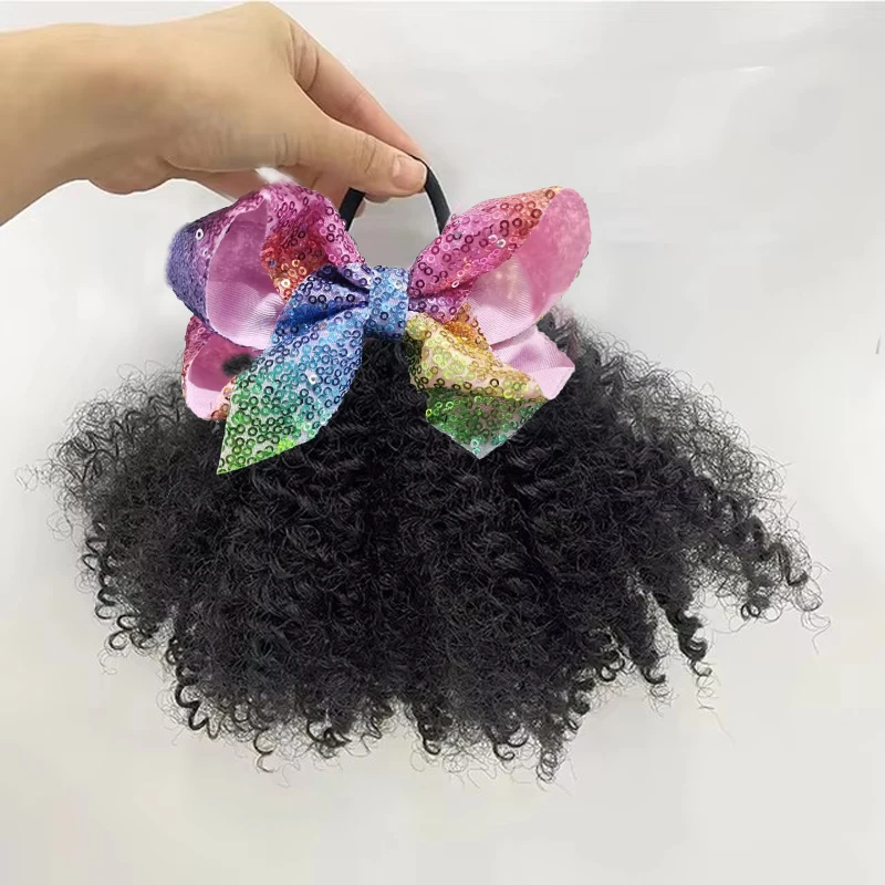 NEW Bows Clip Go Afro Kinky Marley Ponytail with Elastic Band  Soft Feel Like Natural Human Hair Kids Braided Ponytail for Girl