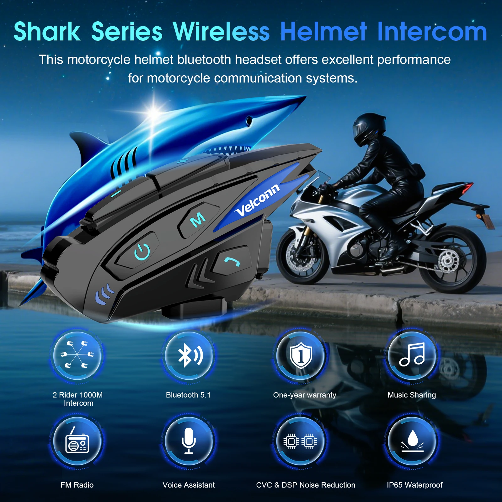 Velconn Shark Music Sharing Motorcycle Helmet Bluetooth Intercom 1000M Full Duplex Interphone for 2 Riders FM Radio IP65 DSP