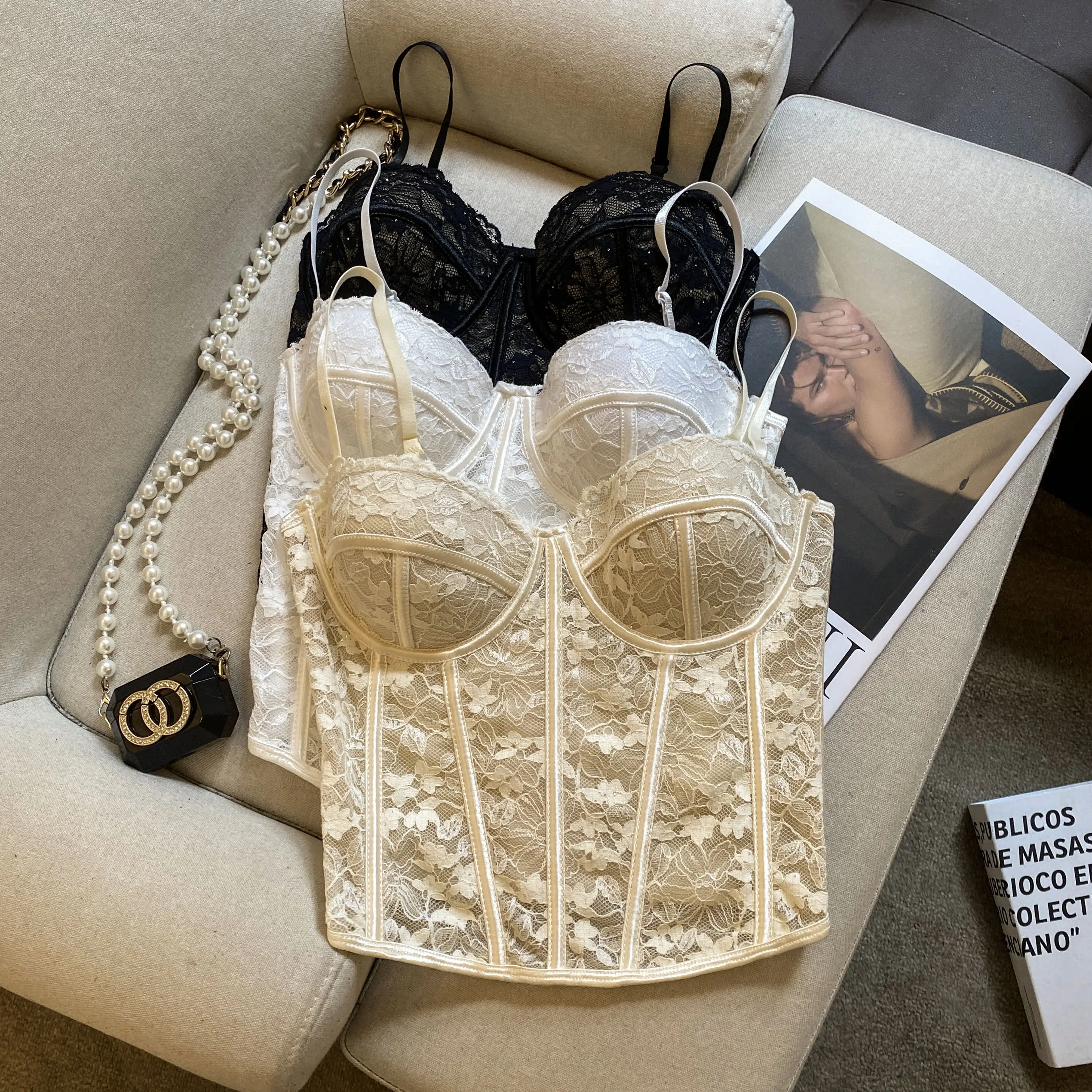 

Женский элегантный кружевной тонкий топ без рукавов с цветочным принтом «рыбий кость» без рукавов, однотонный базовый короткий топ-бретелька