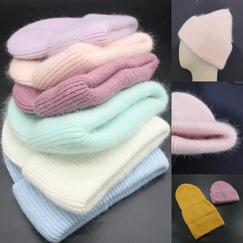 Women's Hat Winter Hat Beanie Real Rabbit Fur Bonnet Hats for Women Solid Skullies Knitted Female Fur Winter Hat шапка женская