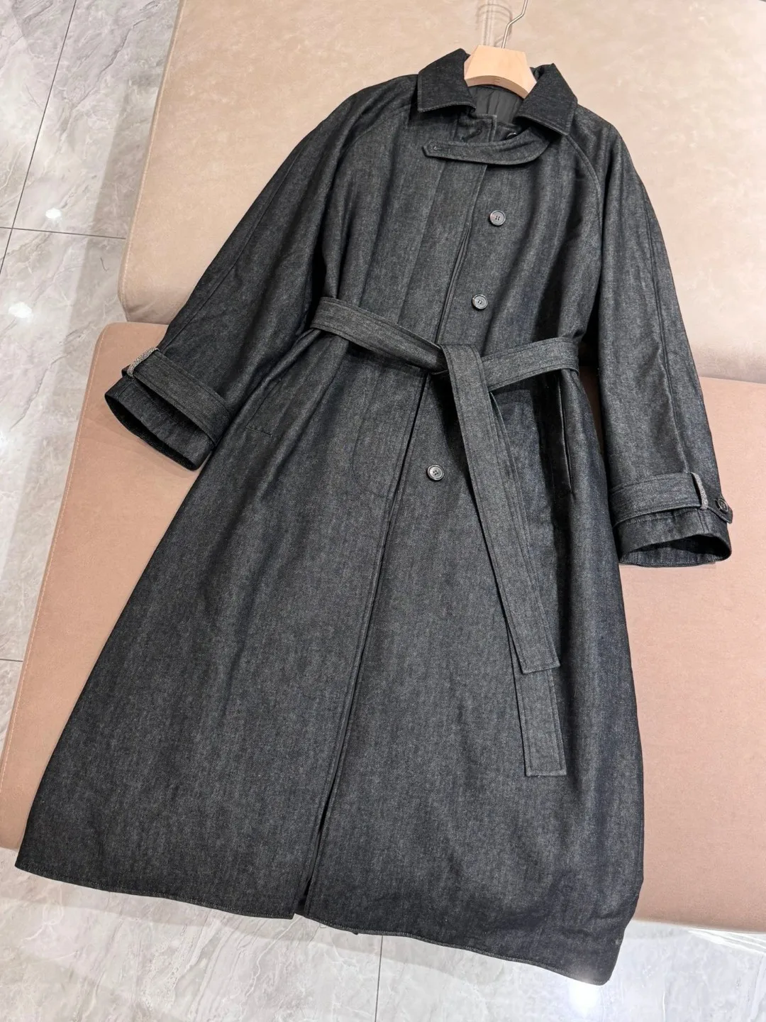 Autumn Women's Thin Cotton Denim Windbreaker Jacket Winter Black Gray Long Temperament Jacket Casual Mid-length Lace-up Coat