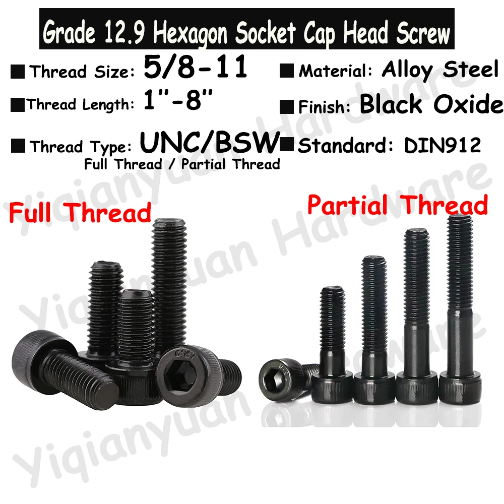 

5/8-11 UNC Thread Grade 12.9 Alloy Steel Hexagon Socket Knurled Cap Head Bolts Allen Key Bolts Full Threaded Partial Threaded