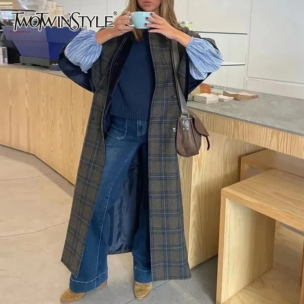 

TWOTWINSTYLE Elegant Check Jacket for Women Lapel Flare Sleeve Loose Spliced Double Breasted Office Midi Coat Female 2026 Spring