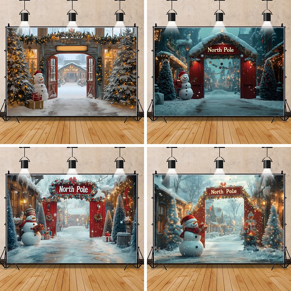 

North Pole Red Wooden Door Christmas Photography Background Winter Fairytale Snowy Forest Village Snowman Elk Party Backdrop