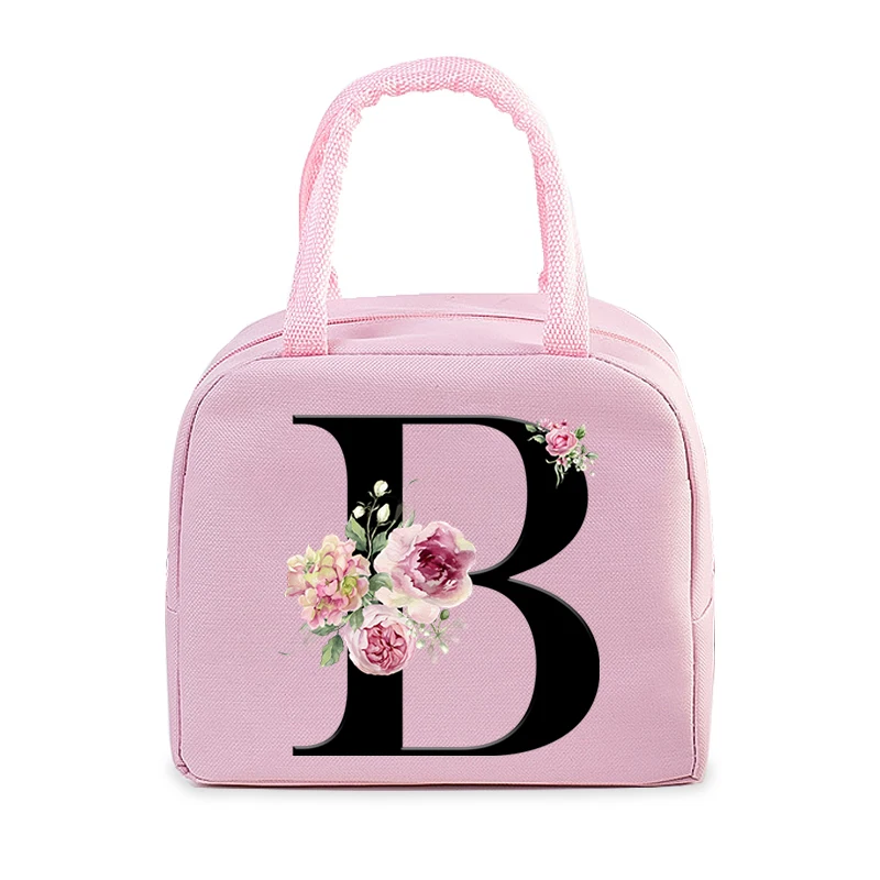 Pink Aesthetics Insulated Lunch Bags Vintage Flower 26 Alphabet Women Men Lunch Picnic Food Cooler Bag Lunch Box Storage Bag