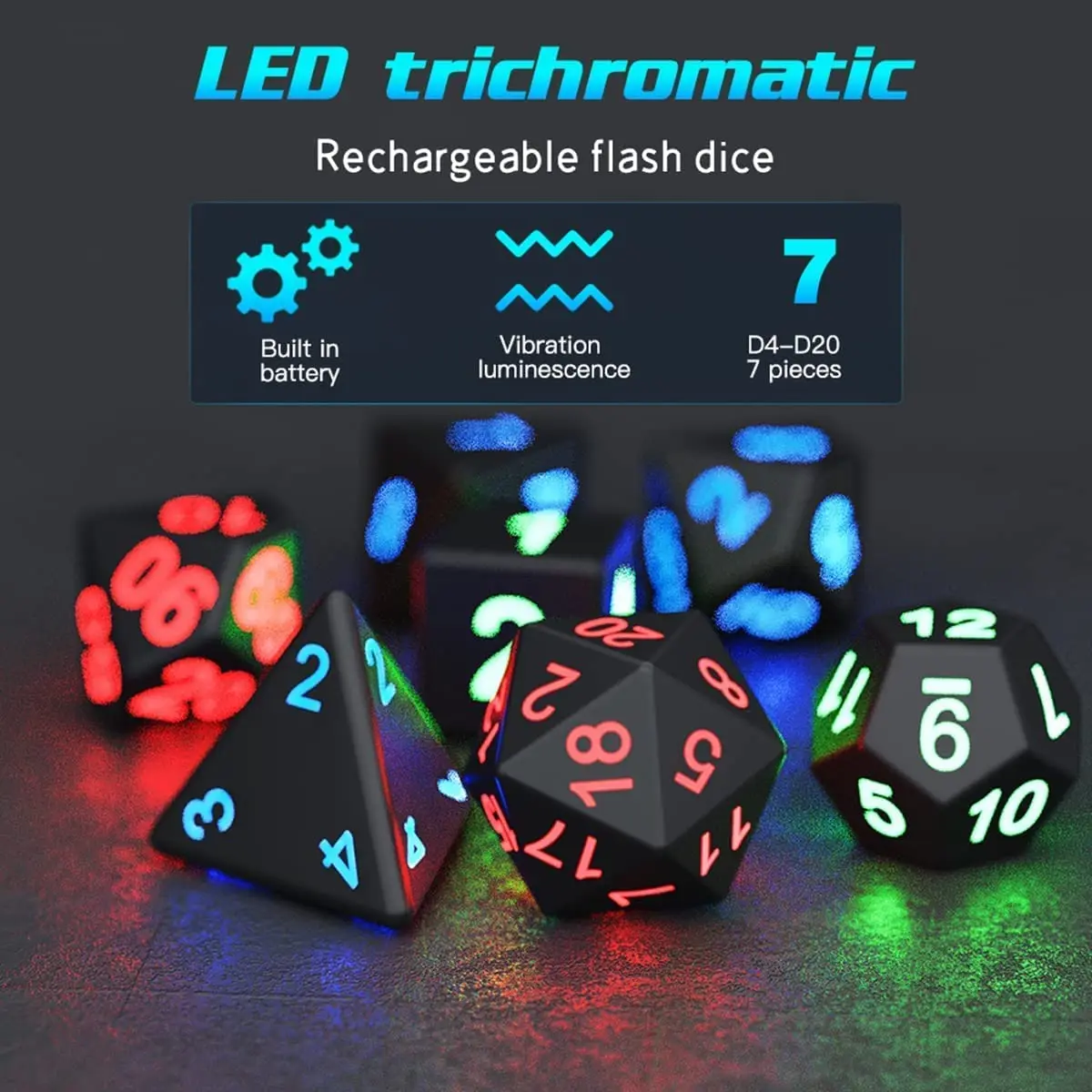 7Pcs Light Up DND ลูกเต๋ากล่องชาร์จ USB ชาร์จไฟฟ้าลูกเต๋า Shake Light LED ลูกเต๋าสำหรับเกม KTV บาร์ไนท์คลับ