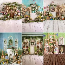Spring Easter Photography Background Rabbit Flower Eggs Meadow Wood Board Easter Floor Indoor Baby Portrait Photocall Backdrop