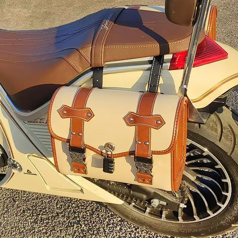 Vintage Motorcycle Side Saddle Bag EVA Water Resistant Storage Pouch for Scooter E Bike Rear Seat Mounting Creamy White