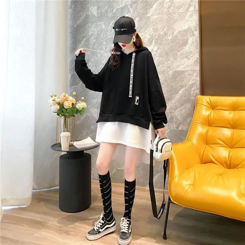 Spring Autumn New Irregular Patchwork T Shirt Tops Long Sleeve Hooded Letter Printing Pullovers Fashion Casual Women Clothing