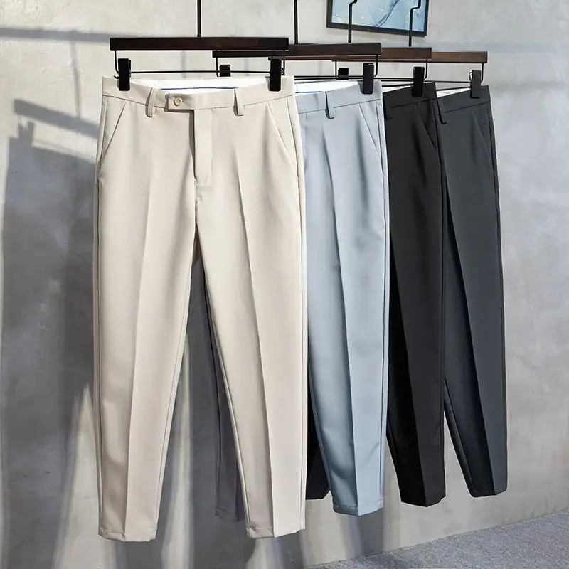 

Foufurieux Autumn Trendy Business Professional Formal Gray Suit Pants Men Clothing High Waist Slimming Cropped Pants for Men