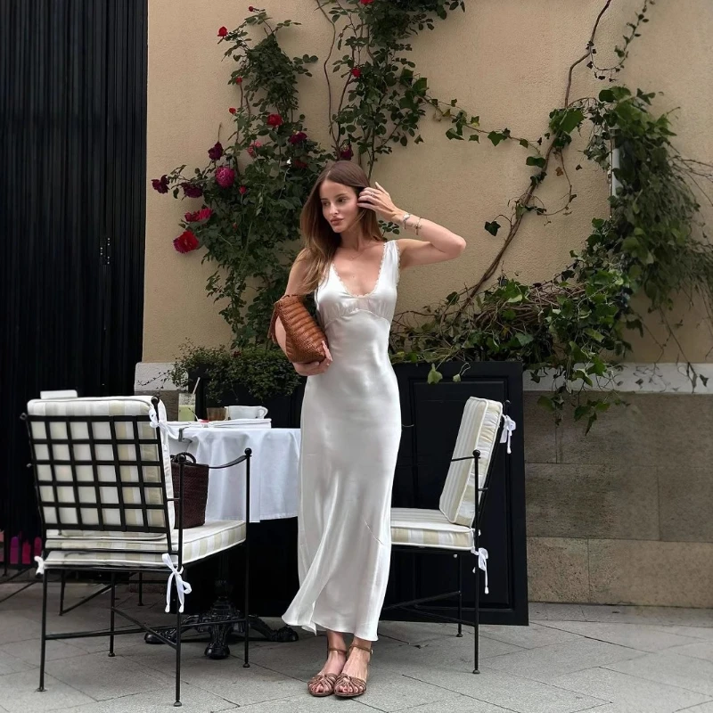 

Lace Hollow Long Dress for Women, Summer Wide-Strap V-Neck Slip Dress with Fish Tail, White Maxi Dress for Women