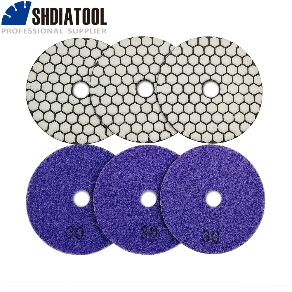 SHDIATOOL 6 sztuk/zestaw Diamentowe podkładki polerskie Żywica elastyczna Dia 4 "/100mm Ziarnistość # 30 Tarcza szlifierska na sucho do granitu i marmuru ceramicznego
