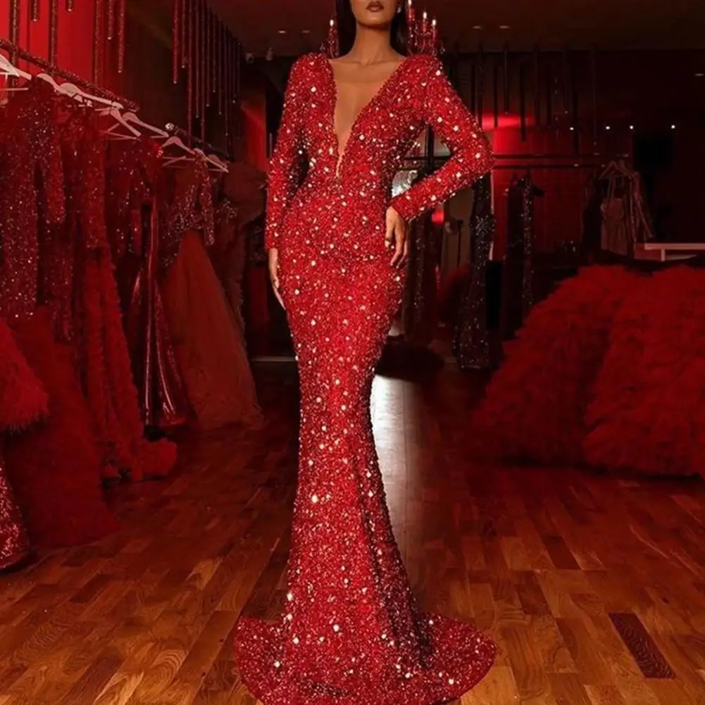 Red Fishtail Gown Elegant Sequin Evening Dress with Deep V Neck Fishtail Hem Women's Slim Fit Maxi Dress for Special Occasions