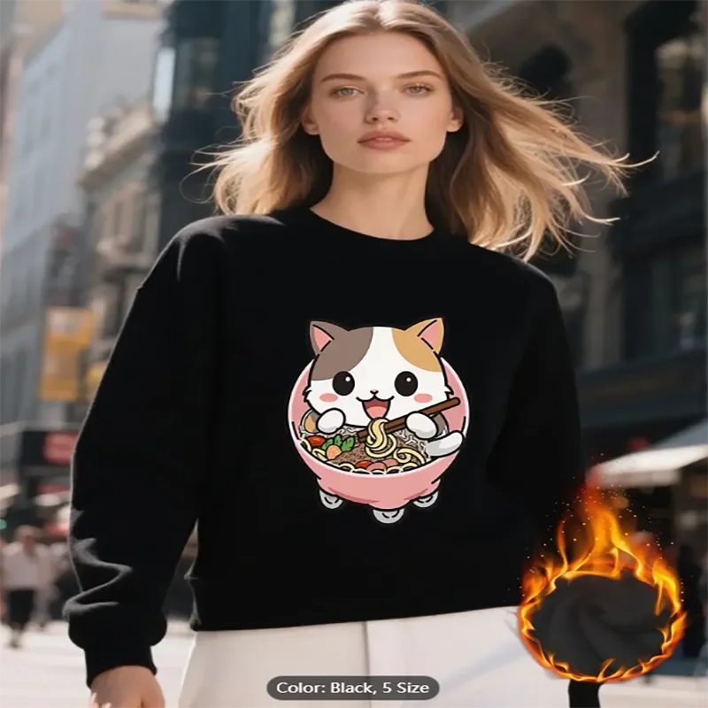 

Женский белый свитшот Ramen Cat с графическим принтом на флисовой подкладке, повседневный пуловер большого размера, топ для любителей кошек, комфорт из чистого хлопка