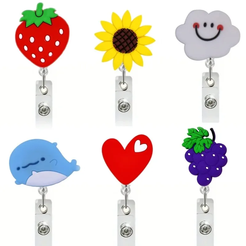 Soft Silicone Retractable Nurse Badge Reel Cute Strawberry Heart Rainbow Flowers ID Card Holder Lanyard
