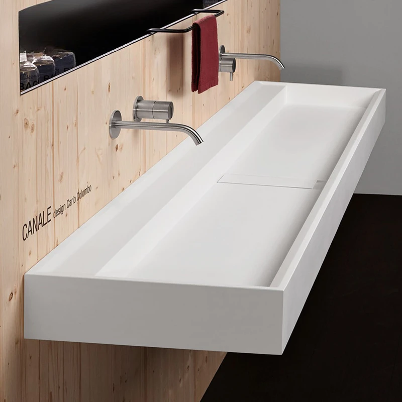 Narrow-edge double faucet integrated large single basin wall-mounted invisible launching washbasin