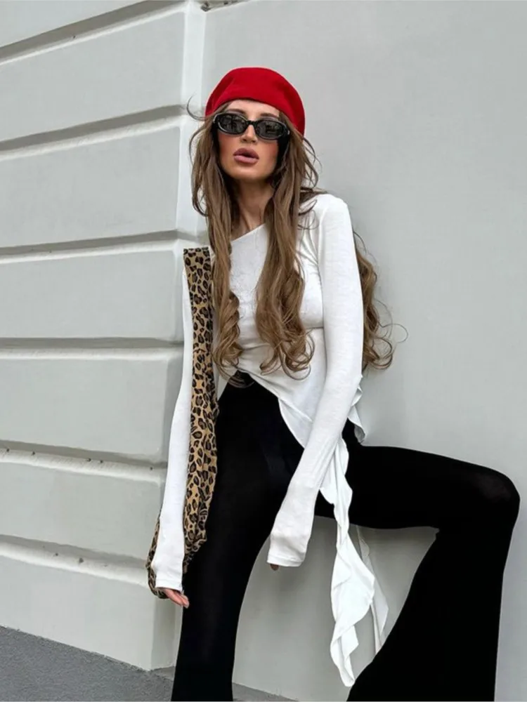 2025 Spring New Solid Color Knitted Top Fashionable Round Neck Long Sleeve Irregular Ruffle Design Slim Fit T-shirt Y2K Hot Girl