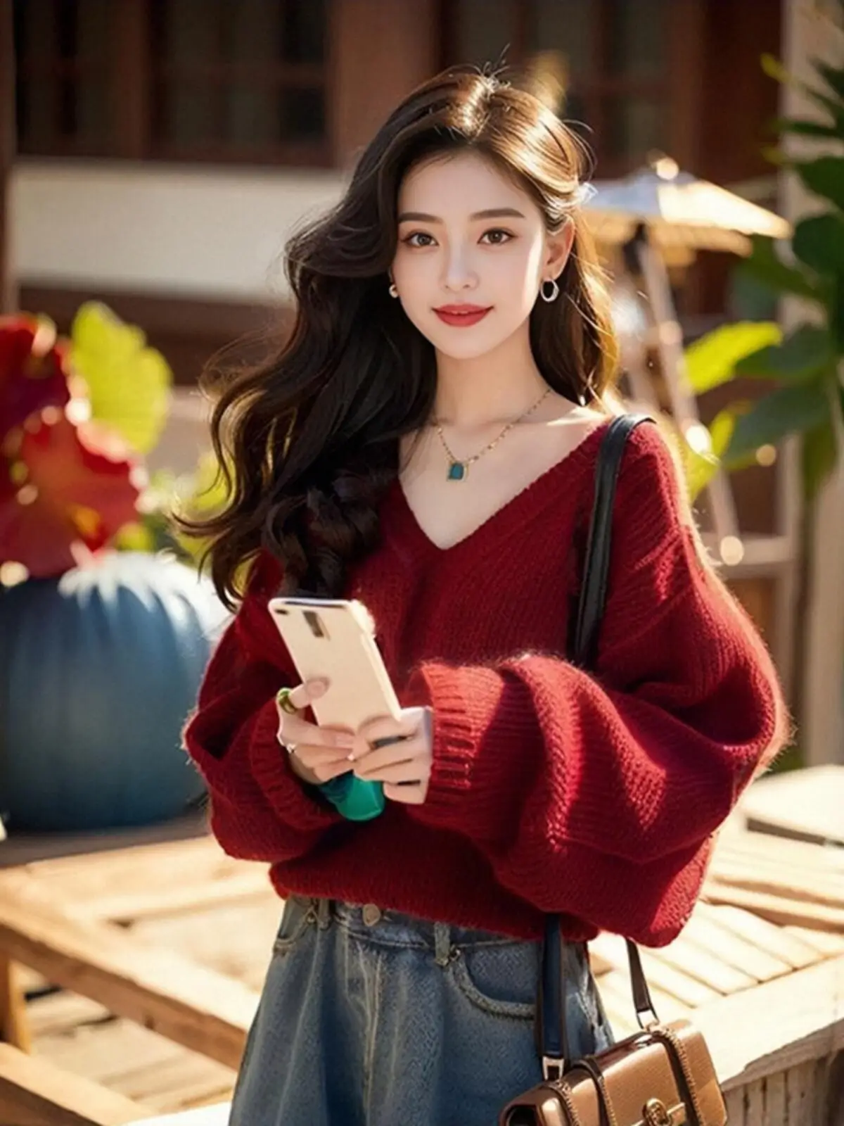 Damski sweter z bufiastymi rękawami, wzór wiśniowy, ciemnoczerwony top, inspirowany jesienią, nowość