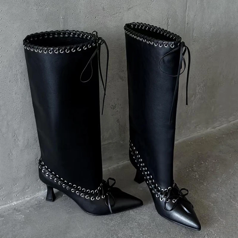 Women Knee High Boots Pointed Stiletto Heel Lace Up Bowknot PU Leather Wide Calf Tall Boots Club Party Autumn Winter Boots Shoes - view 6