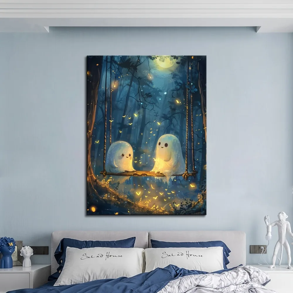 1.5 inch solid wood frame, cute ghost, canvas wrap printed poster, home living room wall decoration, perfect gift