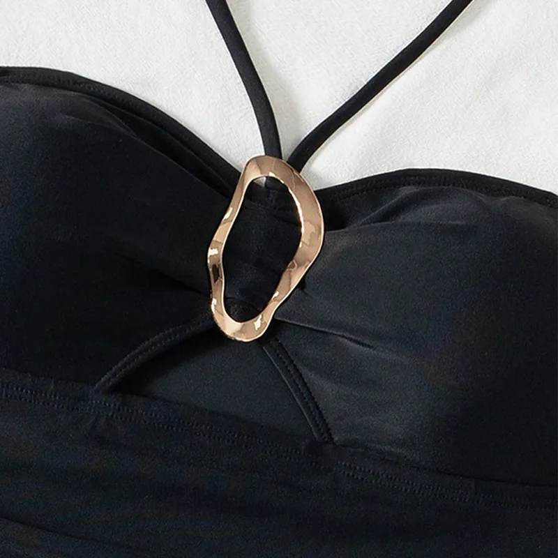 sexy black plain swimsuits one piece halter metal ring hollow out women's bikinis swimwear bathing suit beach outfits bodysuits