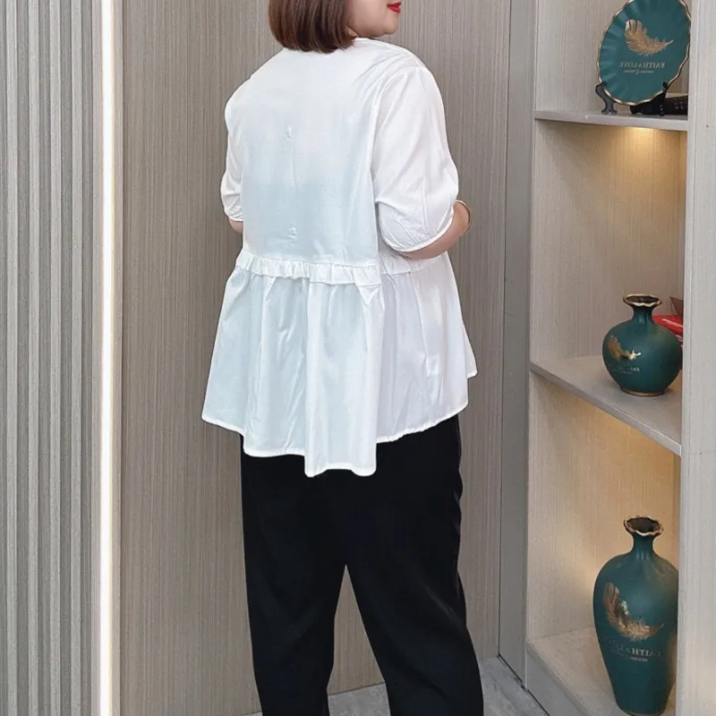 Summer Thin Shirt Women Plus Size Loose Side RUFFLES Splicing Short Sleeve Blouse