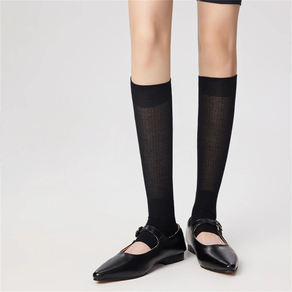 Spring Summer Casual Long-tube Pile Socks Women Japanese Girl Style All-match Solid Color Vertical Stripes Thin Leg Covers Gifts