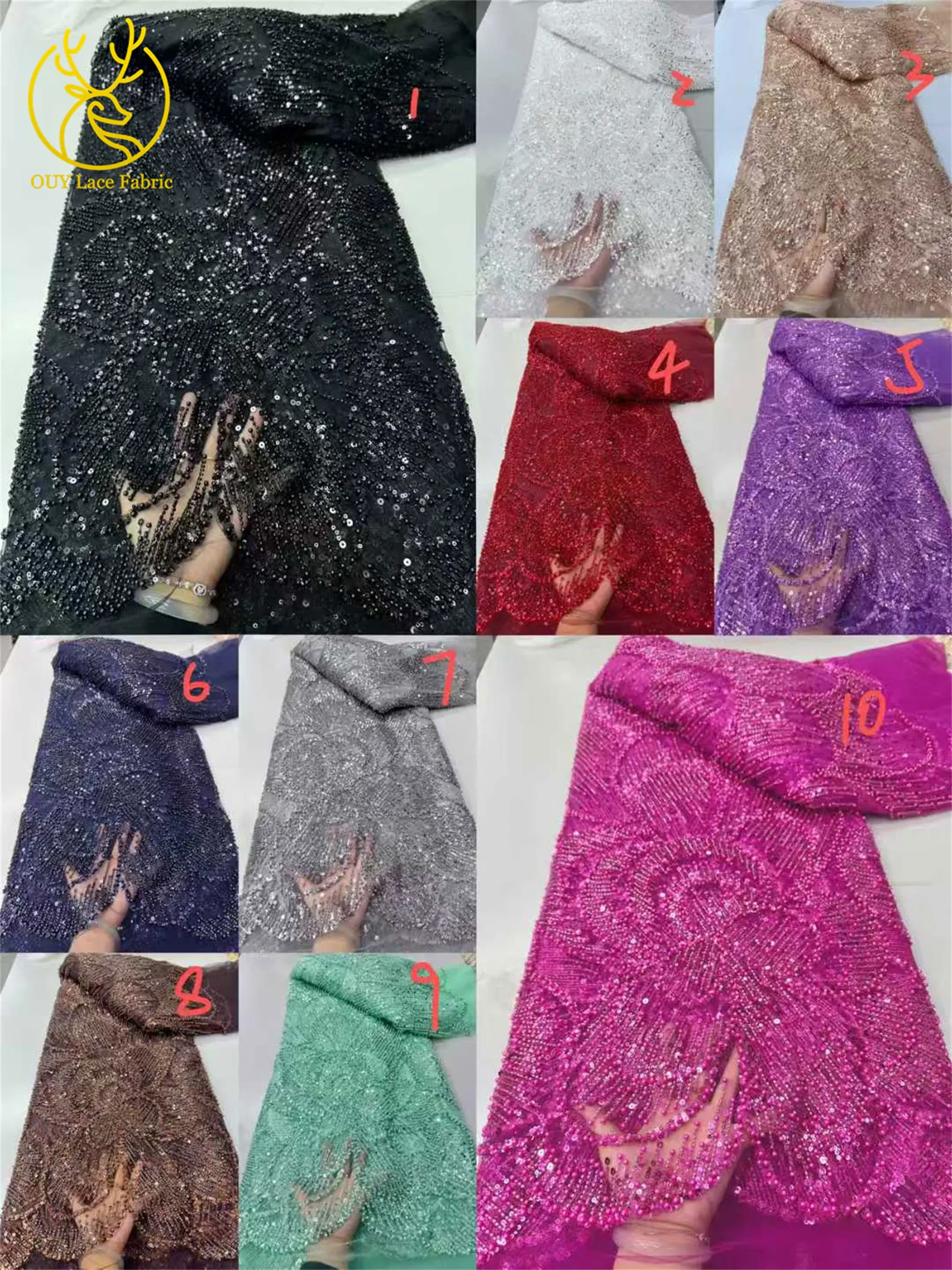 Marineblauer Luxus Hochwertiger Bestickter Perlen-Pailletten-Spitzenstoff Modischer Französischer Tüll-Netzstoff für Party und Hochzeit – Detail 3
