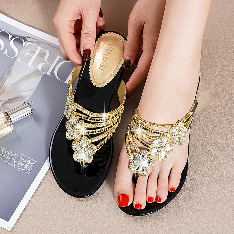 

Summer Elegant Open Toe Anti-slip Slides Outdoor High Quality Ladies Fashion Versatile Crystal Diamonds Evening Flip Flop