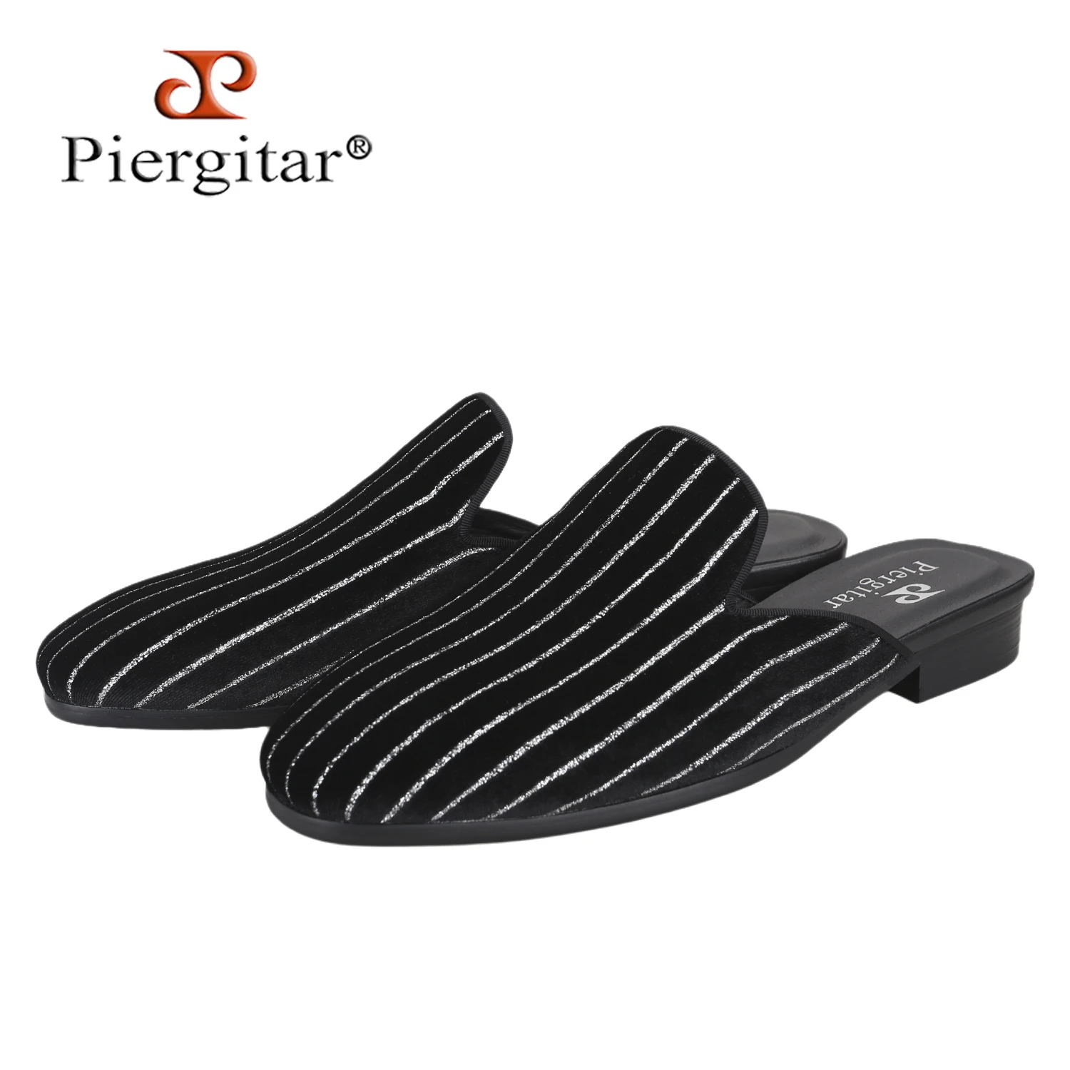 Piergitar American Style Designer Silver Shiny Stripes Of Black Velvet Men's Mules Luxury Model Slippers For Men Casual Outfits