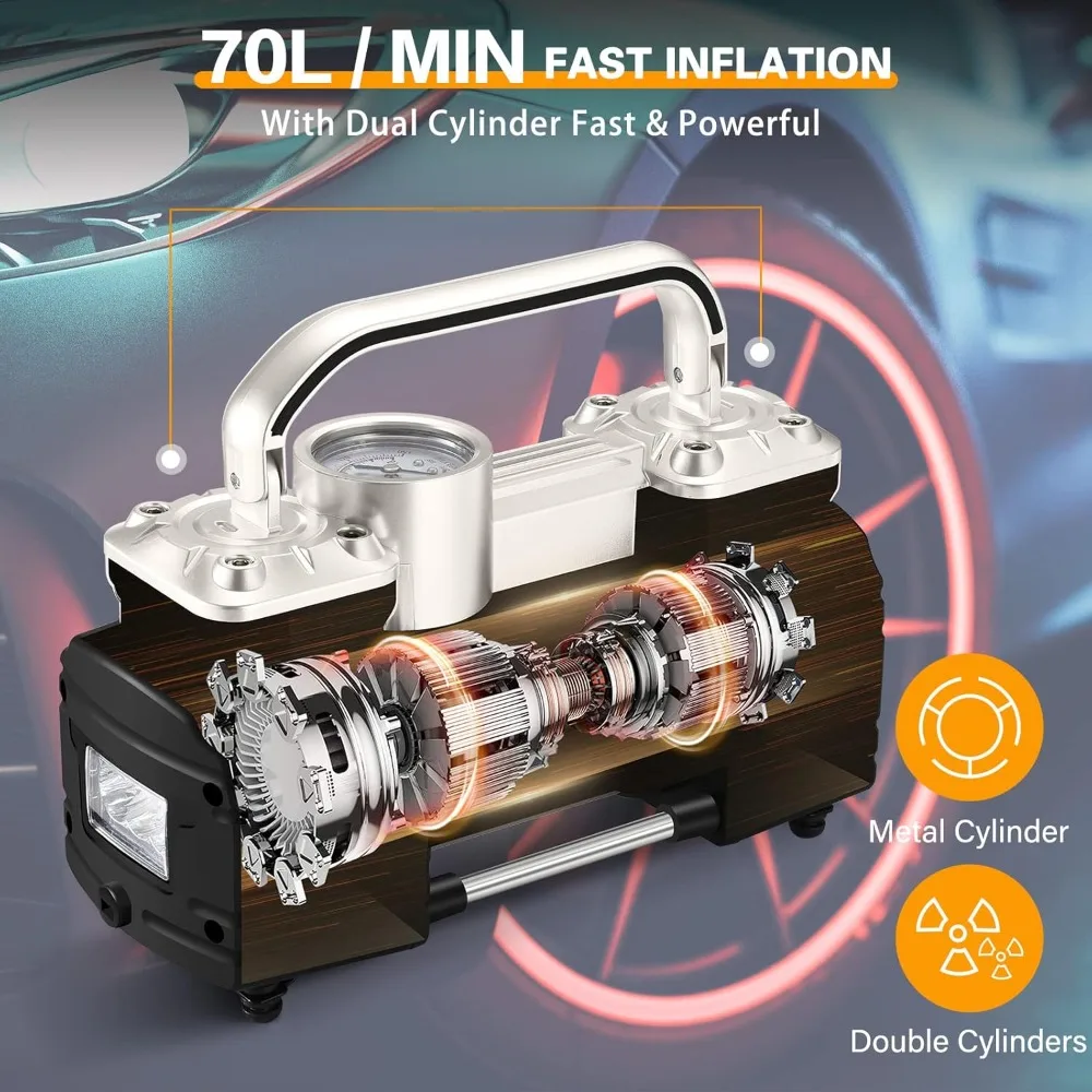 

Portable Air Compressor Pump Dual Cylinder Heavy Duty Tire Inflator with LED Light,150 PSI 12V Air Pump with - Best