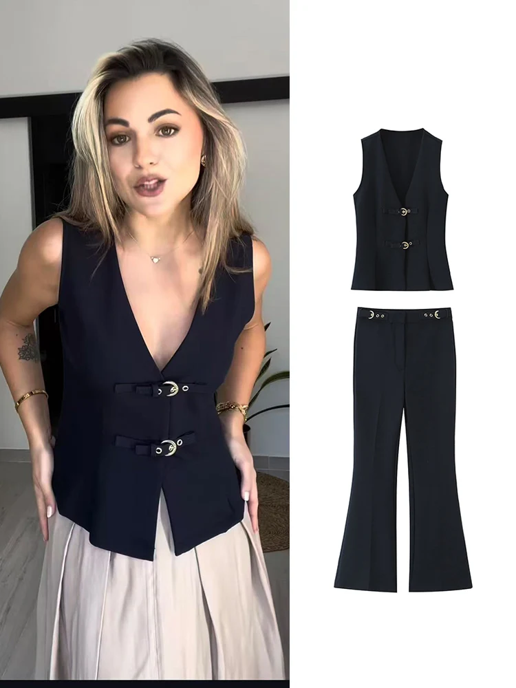 

2025 Новый женский модный брючный костюм, повседневный топ на бретелях с v-образным вырезом, комплект брюк-клеш с высокой талией, элегантная черная офисная одежда для пригородных поездок