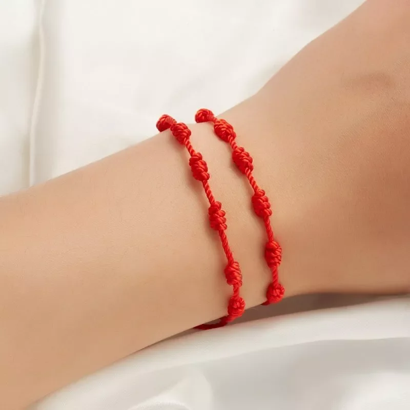Handgefertigtes 7-Knoten-Glücksbringer-Seil mit roter Schnur, rot geflochtenes Armband, Armreif, Amulett-Kette, geflochten, für Damen und Herren, Party, Schmuck, Geschenk – Detail 3