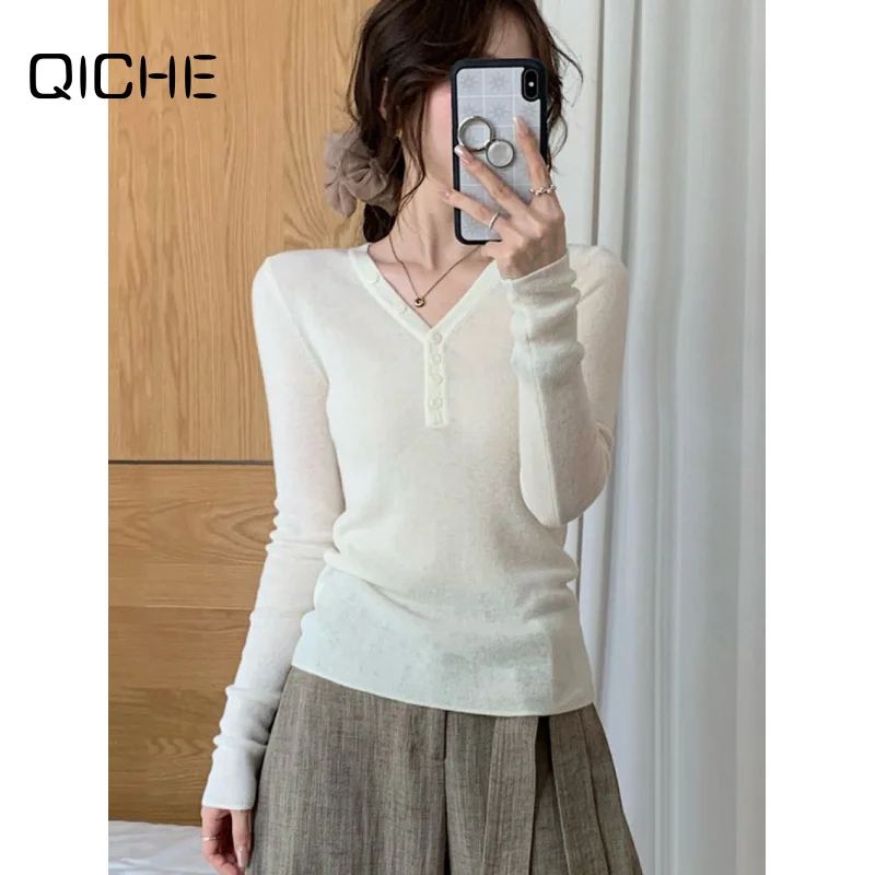 QICHE 2026 Women Henley V Neck 100% Merino Wool Knitwear Slim Fit Soft Warm Autumn Winter Base Shirt