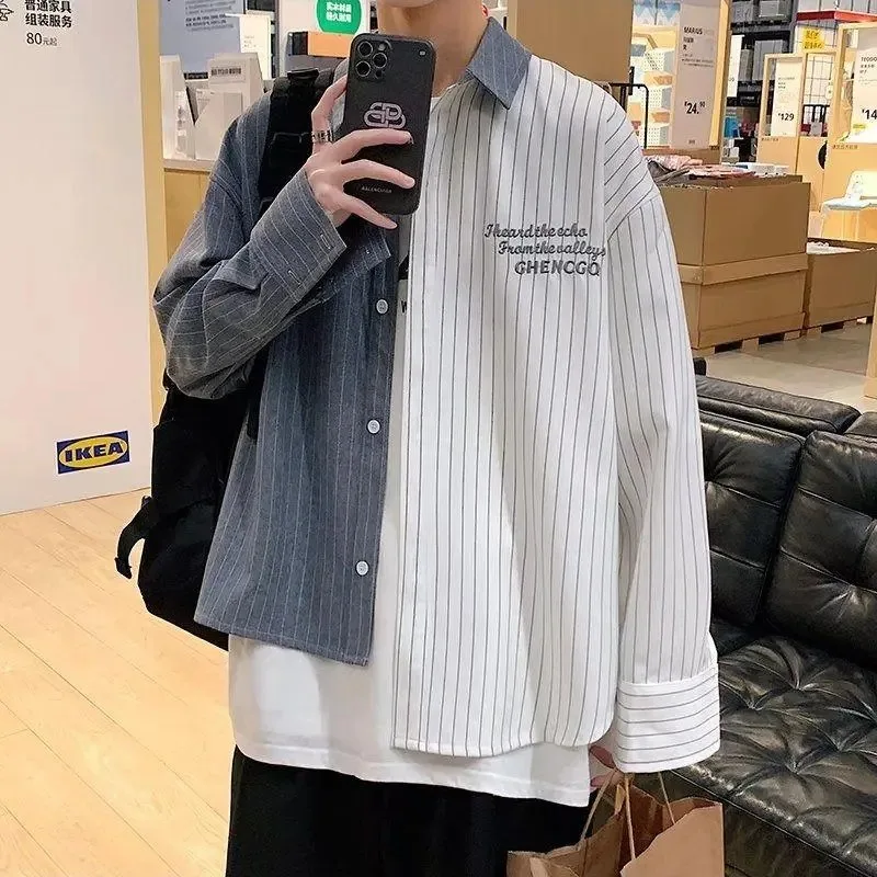 

Lapel Button Stitching Striped Shirt Men's Long-sleeved Shirt Jacket Letter Print Casual Casual Top