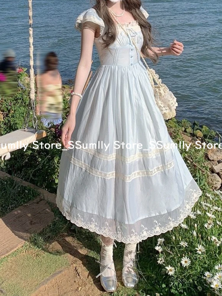 2025 Summer French Retro Style Dress Women Sweet Lace Edge Flutter Sleeve Clothes Bow Blue Long Dresses Elegant Chic Style New