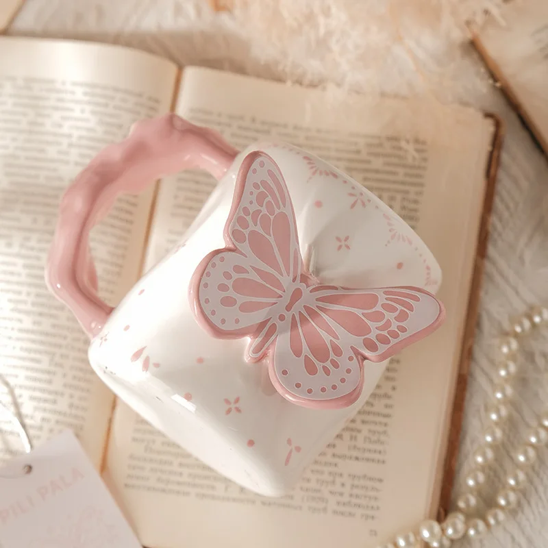 AhunderJiiaz, bonita taza creativa de mariposa rosa, bonita taza de cerámica para parejas, juego de tazas para el hogar con caja de regalo, tazas de café
