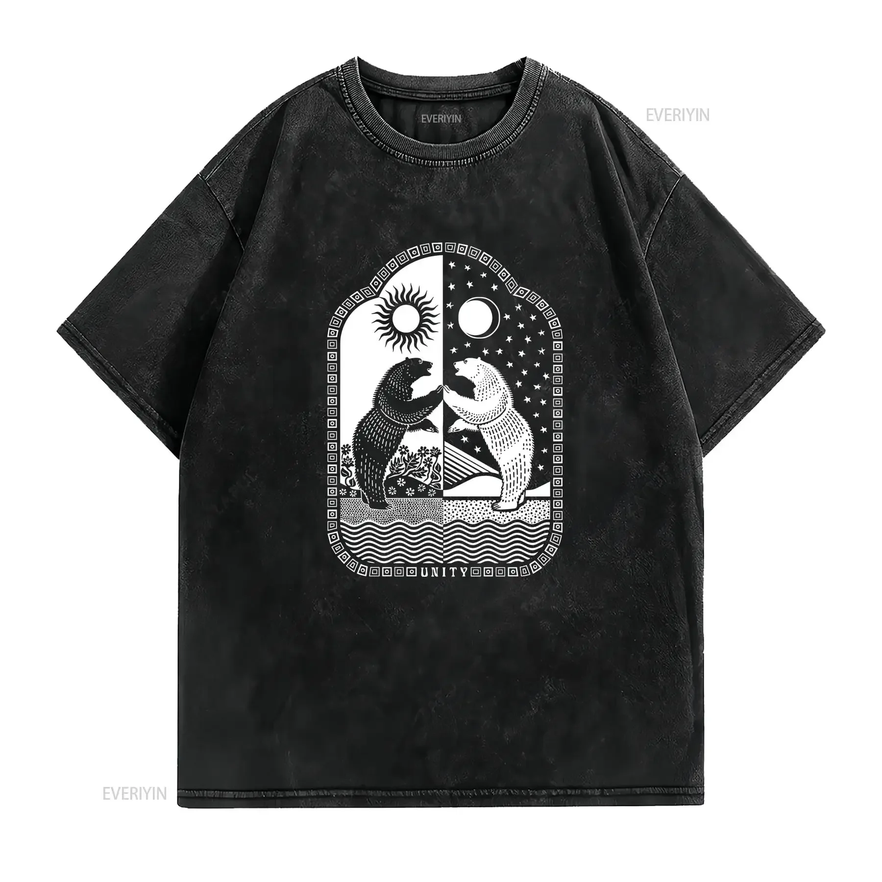 Sun Moon Bear t shirt with Text Unity Animal Print Yoga gift s for Him Her Spiritual vintage Washed Stylish Breathable graphic