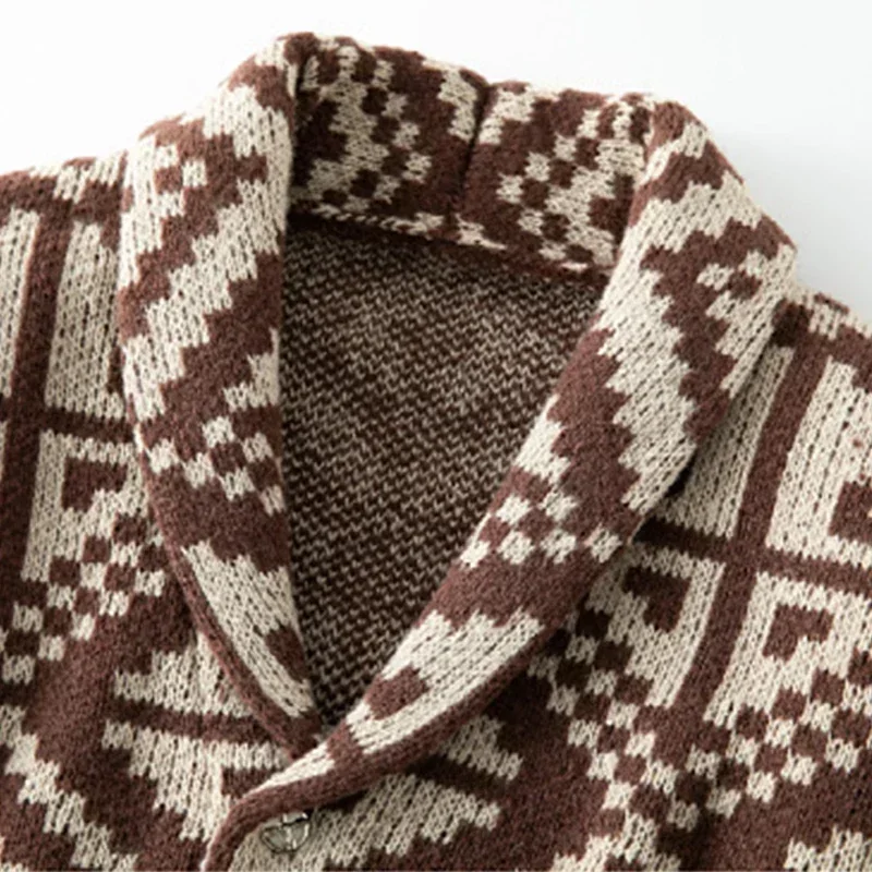 Nuovo Autunno Retro Maglione Lavorato A Maglia Cappotti per Gli Uomini Geometria Jacquard Button-down Risvolto Cardigan Maschile Casual Fit Maglieria Jakets