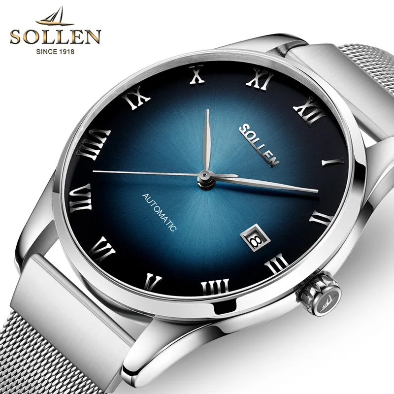 

SOLLEN Brand High-end Fashion Blue Mechanical Watch Men Stainless Steel Waterproof Date Luxury Sapphire Automatic Watches Mens