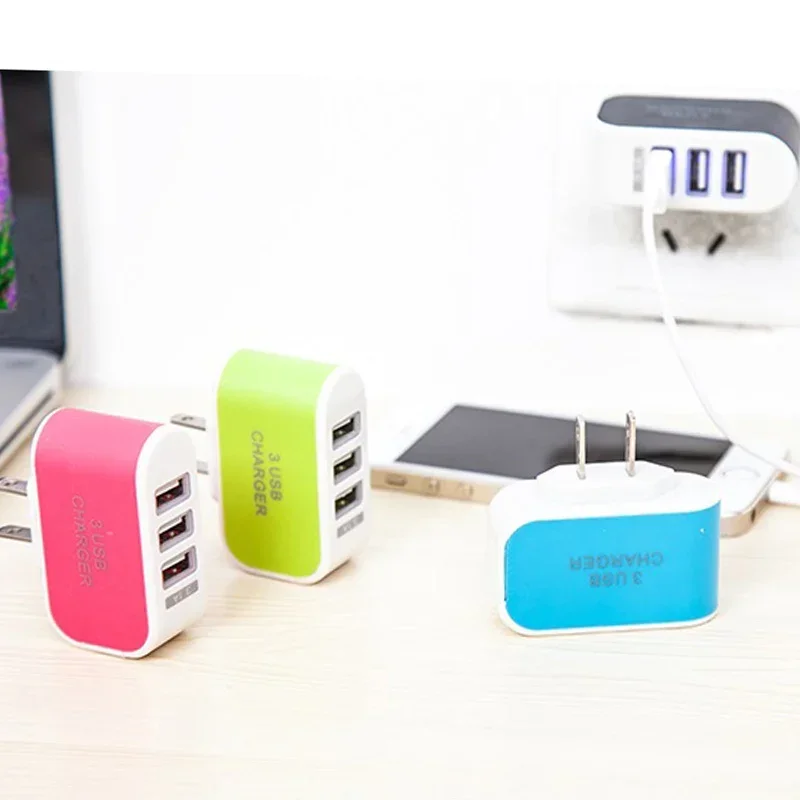 Universal 3 USB Multi-Port Wall Home Charger US/EU Plug Wall Adapter Cube Block AC 110-220V Candy Color Travel Charger Adapter