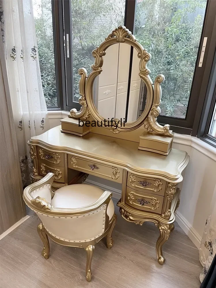 LJYEuropean style dressing table villa luxury makeup table with mirror makeup stool French solid wood carving 1.35 meters