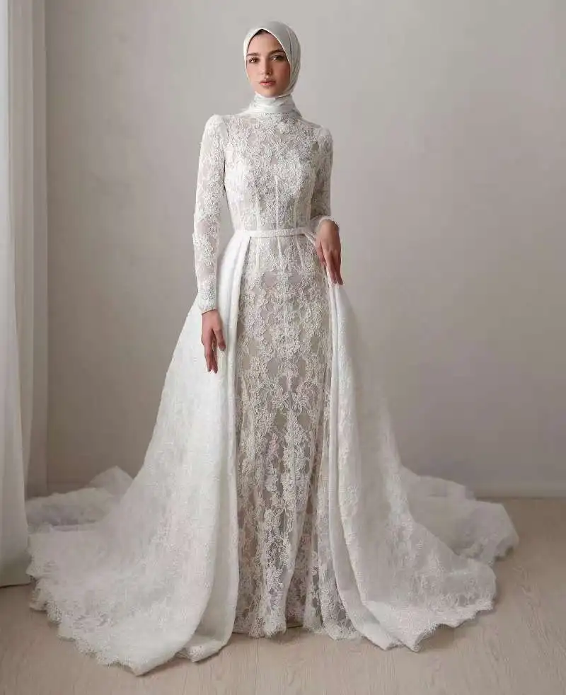 OLOEY Exuquisite Full Lace Mermaid Wedding Dresses With Detachable Train Dubai Arabic Women Bridal Gowns Muslim Modest Customize