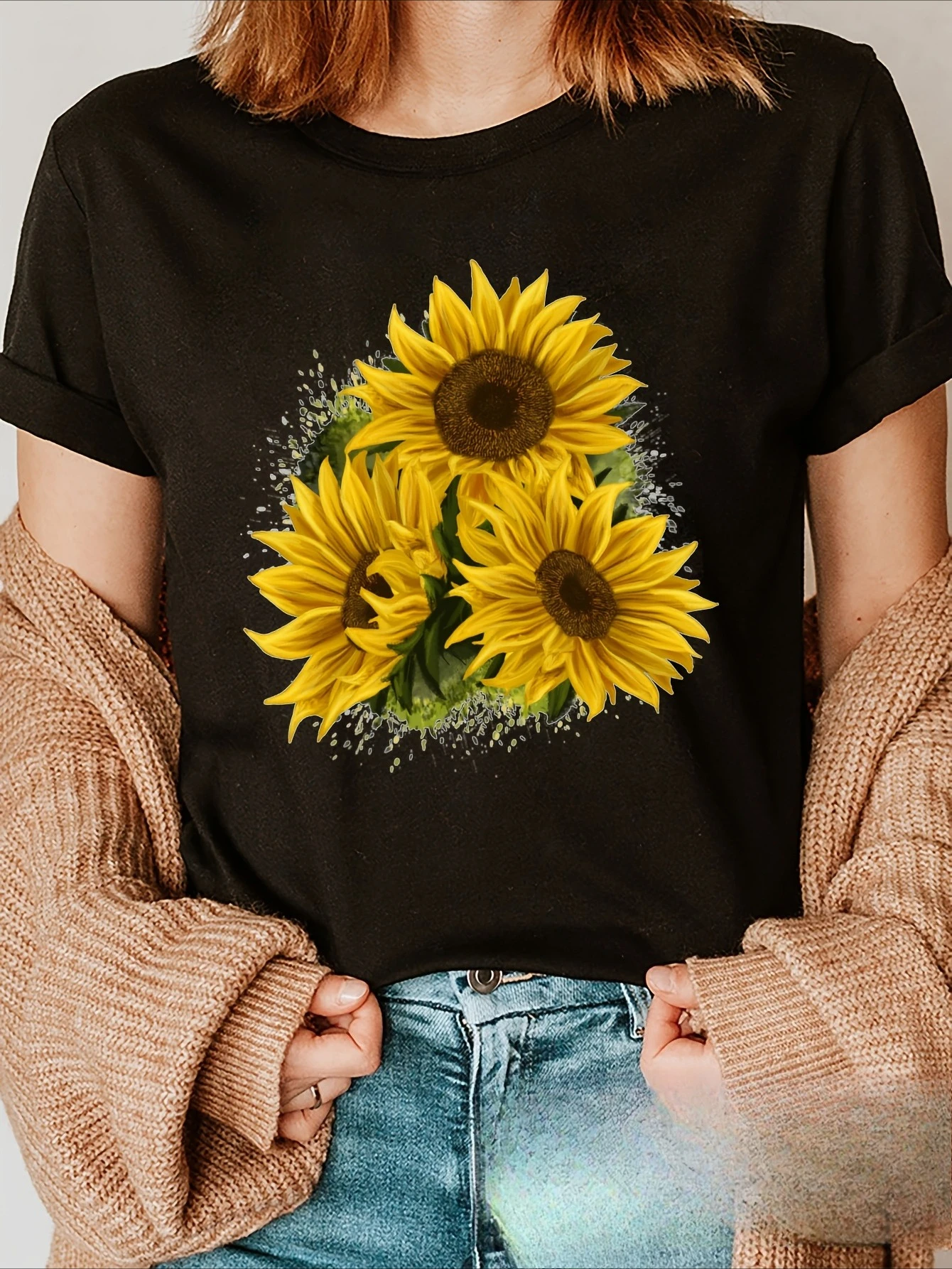 

Повседневная шикарная женская футболка с буквенным принтом подсолнечника, топ с круглым вырезом и короткими рукавами, идеально подходящая для летней удобной женской одежды