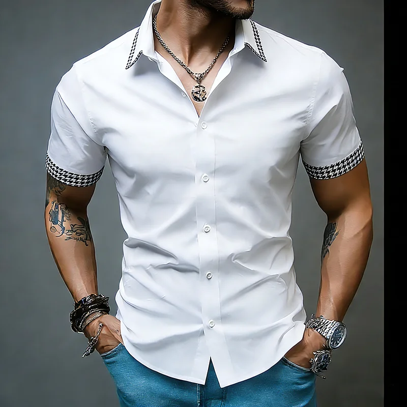 

Men Short Sleeve Shirts Plaid Collar Mens Dress Shirts Casual Male Combination Colour Chemise Hemd Homme Shirt S2