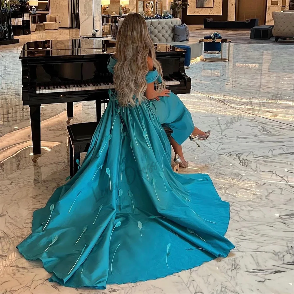 Lena Turquoise Blue Luxury Feather Dubai Evening Dress with Covering Skirt Cover Sleeves Arab Women's Wedding Party Dress